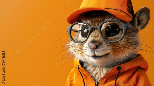 A stylish squirrel in an orange raincoat and glasses, looking trendy and smart.