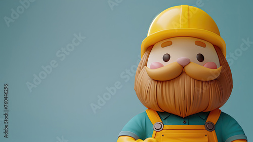 A cheerful animated character with a beard  wearing a yellow hard hat against a teal background.