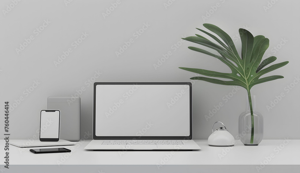 3D render of a laptop mockup with a blank screen on the table, accompanied by a phone and tablet. The setup is placed on a white background with a green plant. - obrazy, fototapety, plakaty 
