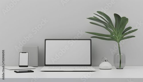 3D render of a laptop mockup with a blank screen on the table, accompanied by a phone and tablet. The setup is placed on a white background with a green plant. photo