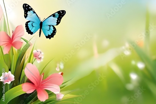 art abstract spring background or summer background with fresh grass and butterfly. Generative AI