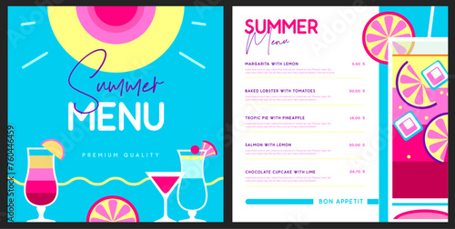 Retro summer restaurant cocktail menu design. Vector illustration