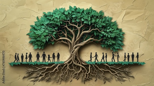 Paper-cut tree and human figures against textured gold representing family and history.