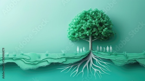 Green-toned paper-cut tree with human figures symbolizing growth and connection.