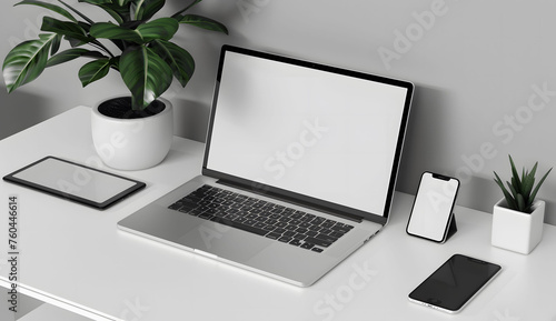 3D render of a laptop mockup with a blank screen on the table, accompanied by a phone and tablet. The setup is placed on a white background with a green plant.