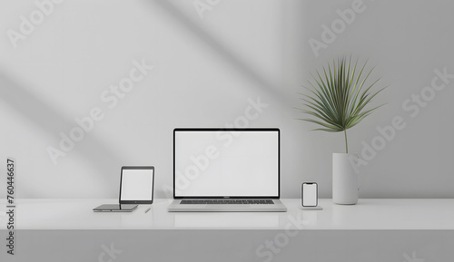 3D render of a laptop mockup with a blank screen on the table, accompanied by a phone and tablet. The setup is placed on a white background with a green plant.