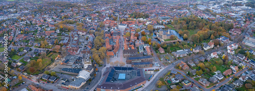 Aerial view around the old town of the city Ahaus on a cloudy day in autumn in Germany.