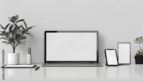 3D render of a laptop mockup with a blank screen on the table, accompanied by a phone and tablet. The setup is placed on a white background with a green plant.