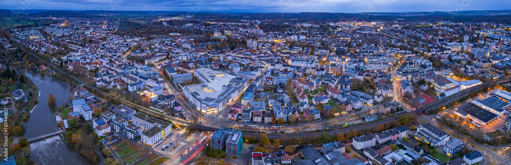 Aerial view around the downtown of the city Giesen on a cloudy day in autumn in Germany.