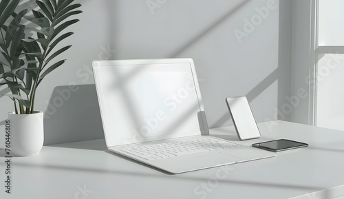 3D render of a laptop mockup with a blank screen on the table, accompanied by a phone and tablet. The setup is placed on a white background with a green plant.