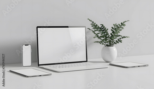 3D render of a laptop mockup with a blank screen on the table, accompanied by a phone and tablet. The setup is placed on a white background with a green plant.