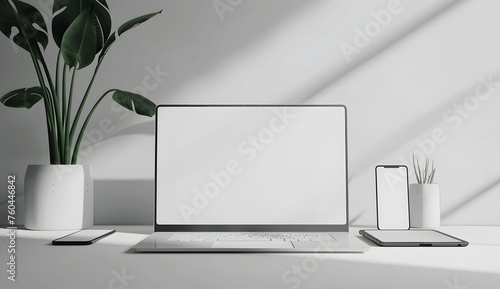 3D render of a laptop mockup with a blank screen on the table, accompanied by a phone and tablet. The setup is placed on a white background with a green plant.