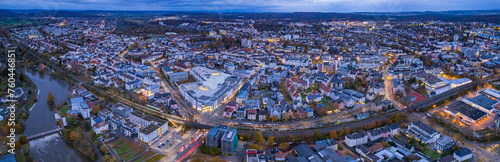 Aerial view around the downtown of the city Giesen on a cloudy day in autumn in Germany.