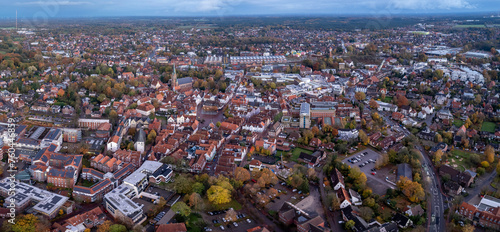 Aerial view around the old town of the city Lingen on a cloudy day in autumn in Germany.