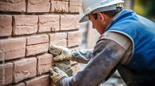 Bricklayer worker installing brick