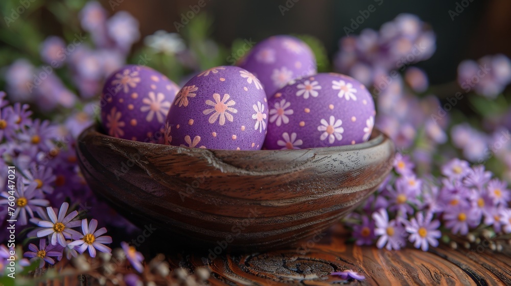 Fototapeta a wooden bowl filled with purple eggs sitting on top of a wooden table next to purple and white daisies.