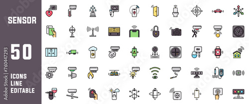 50 Sensor Icons Set Pack Line Editable Vector Illustration