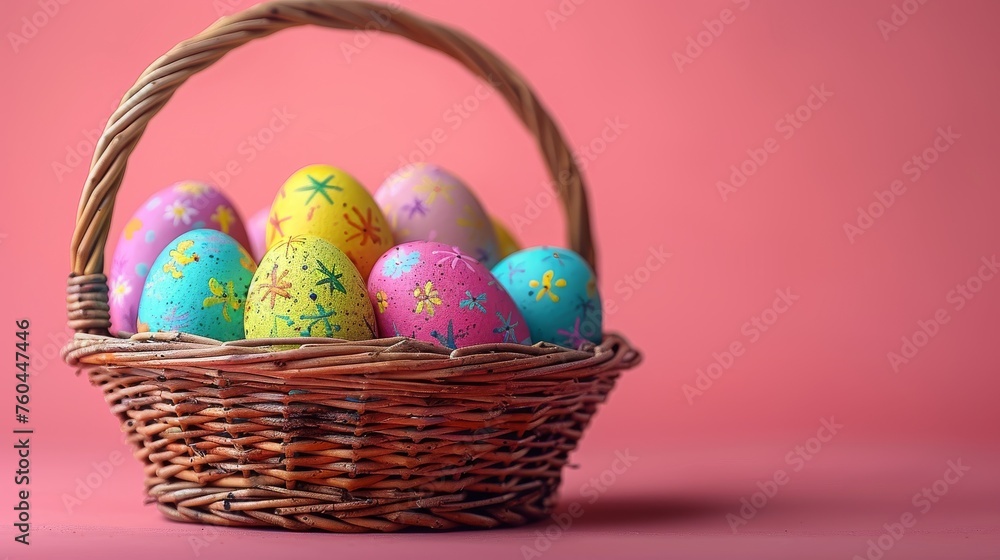 a wicker basket filled with colorfully painted easter eggs on a pink background with a pink wall in the background.