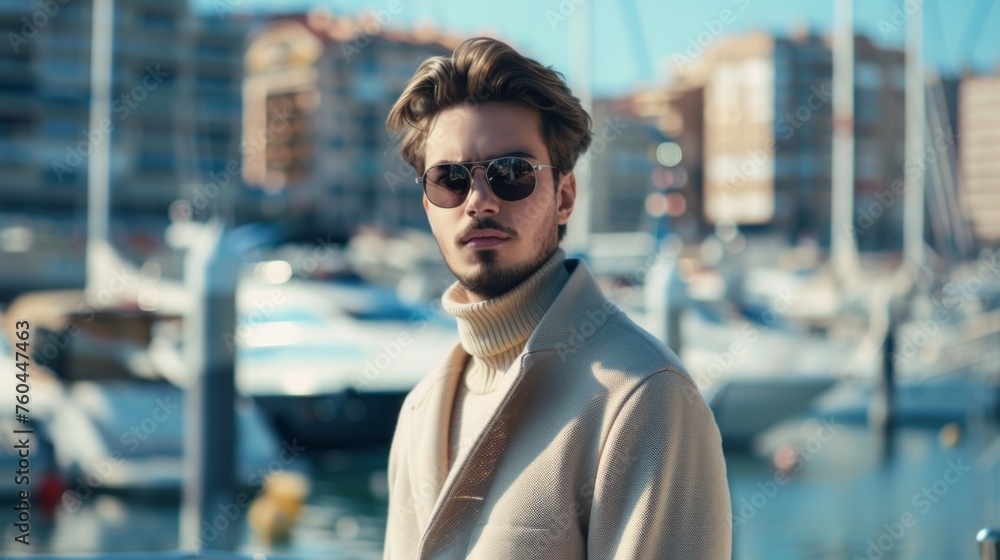 Handsome male model posing in front of luxury yacht during summer vacation Handsome male model posing in front of luxury yacht during summer vacation