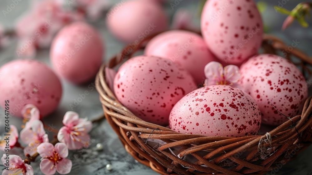 a basket filled with pink speckled eggs sitting on top of a table next to a bunch of pink flowers. a basket filled with pink speckled eggs sitting on top of a table next to a bunch of pink flowers.