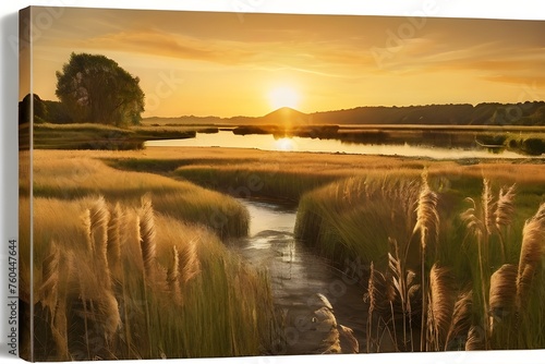 Serene landscape of reed meadow by river at sunset picturesque scene capturing tranquil beauty of nature with golden sunlight reflecting on water perfect for backgrounds Generative AI