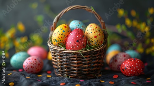 a wicker basket filled with painted eggs on top of a bed of colorful confetti covered eggs on top of a table. © Nadia