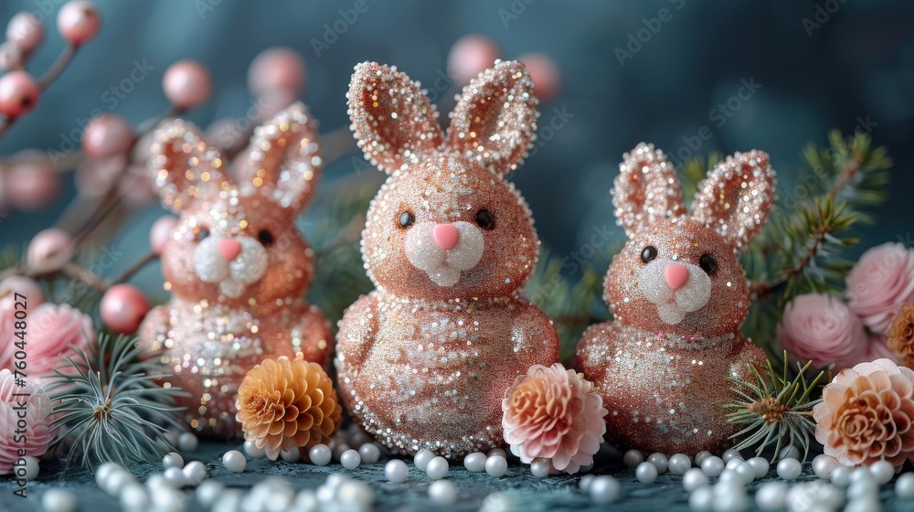 a group of three little bunnies sitting next to each other on top of a table next to flowers and pine cones. a group of three little bunnies sitting next to each other on top of a table next to flowers and pine cones.