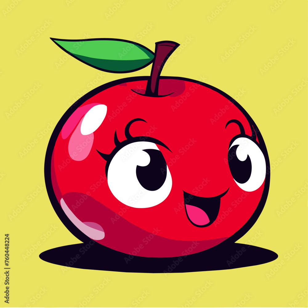 Obraz premium Cute cartoon apple with a smiling face and big eyes on a yellow background.
