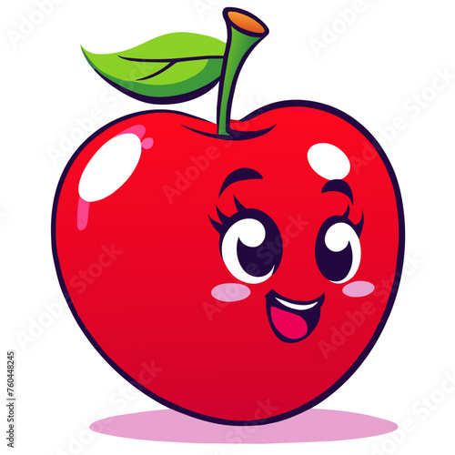 A cartoon illustration of a red apple with a cute and happy face, featuring big eyes and a wide smile.