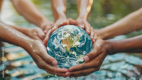 Group of people holding hands around a globe submerged in water, highlighting global cooperation for water conservation, World Water Day concept photo