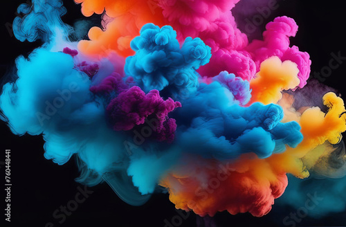 Vibrant colorful smoke rises from the azure water against a dark background