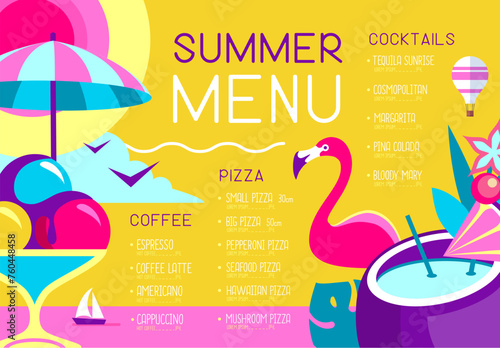 Retro summer restaurant menu design with flamingo, ice cream and pina colada cocktail. Vector illustration