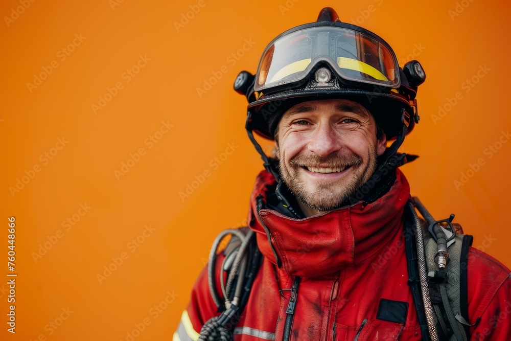 Smiling firefighter in full gear with an orange background, portrait of bravery and professionalism
