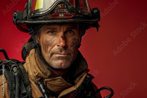 Brave firefighter in full gear ready for action against a red background photo