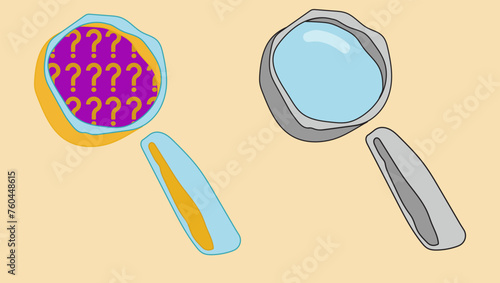 Hand drawn cartoon styled magnifier (loup) in two versions: first - shades of grey with blue glass and glare, second - orange and blue body with surrealistic quesion marks instead of glass.
