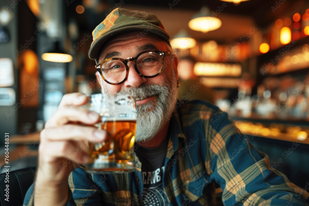 Funny excited middle aged man drinks a beer