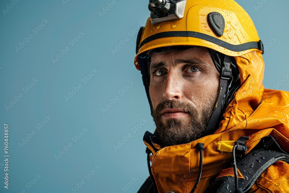 Ready for action: Close-up of a flood response team member in gear Ready for action: Close-up of a flood response team member in gear