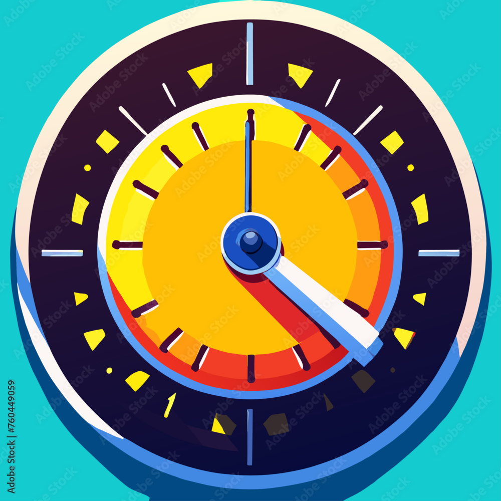 A colorful speedometer with a yellow face and a red, orange, and yellow gauge showing a high reading. The needle is pointed directly at the top. A colorful speedometer with a yellow face and a red, orange, and yellow gauge showing a high reading. The needle is pointed directly at the top.
