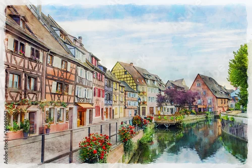 Obraz A picturesque street scene with promenade and medieval houses over a water canal in Colmar, Alsace, France. Watercolor painting.