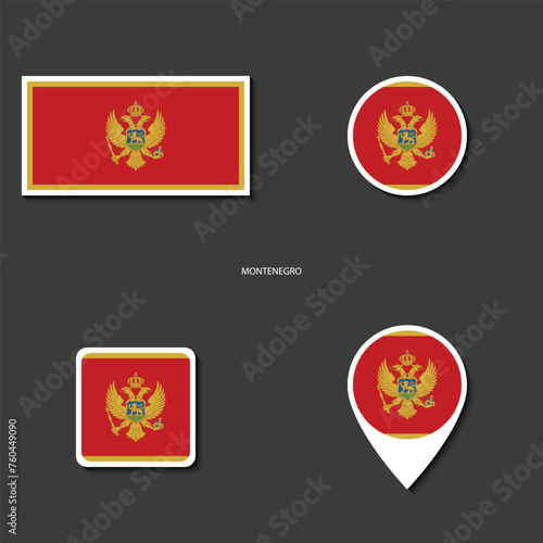 Montenegro flag icon set in different shape ( rectangle, circle, square and marker icon) on dark grey background. photo