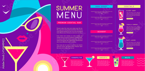Retro summer restaurant cocktail menu design with lady in hat with martini glass. Vector illustration