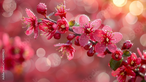 a close up of a flower on a branch with water droplets on it and a boke of light in the background.