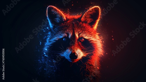 a close up of a raccoon's face with blue and red light coming out of its eyes. © Nadia