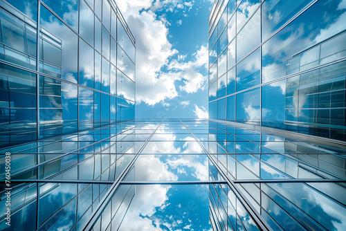 Reflective skyscrapers  business office buildings. Low angle photography of glass curtain wall details of high-rise buildings.The window glass reflects the blue sky and white clouds. . High quality