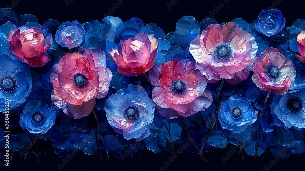 a close up of a bunch of flowers on a black background with blue and pink flowers in the middle of the picture. a close up of a bunch of flowers on a black background with blue and pink flowers in the middle of the picture.