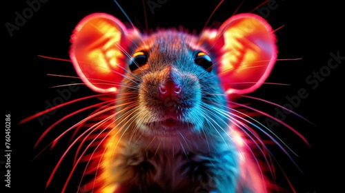 a close up of a mouse's face with red and blue light coming out of it's ears.