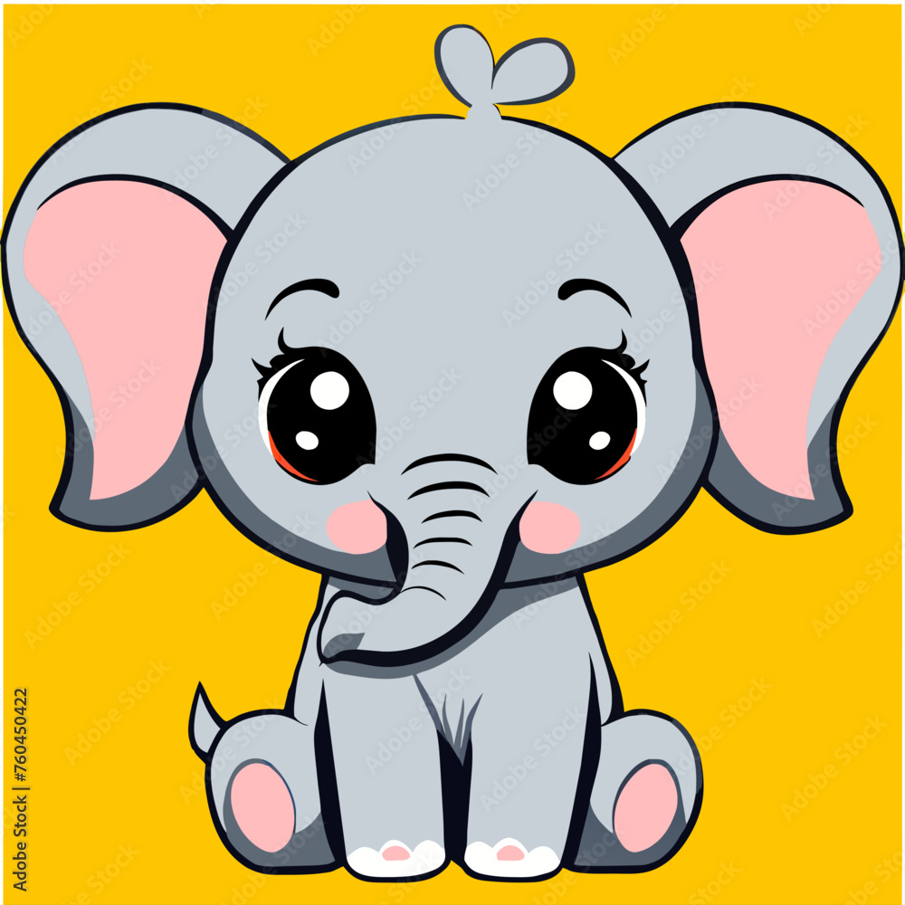 Fototapeta premium Cute cartoon elephant with big eyes sitting on a yellow background.