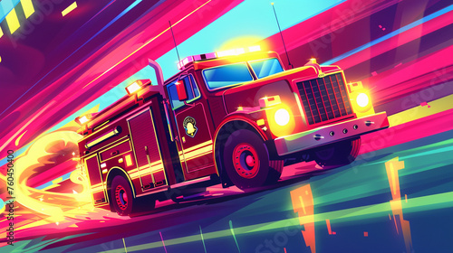 A cheerful clipart firetruck speeding to the rescue with sirens blaring and lights flashing. photo