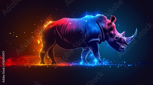 a rhinoceros standing in the middle of the night with bright lights on it's face and tail.