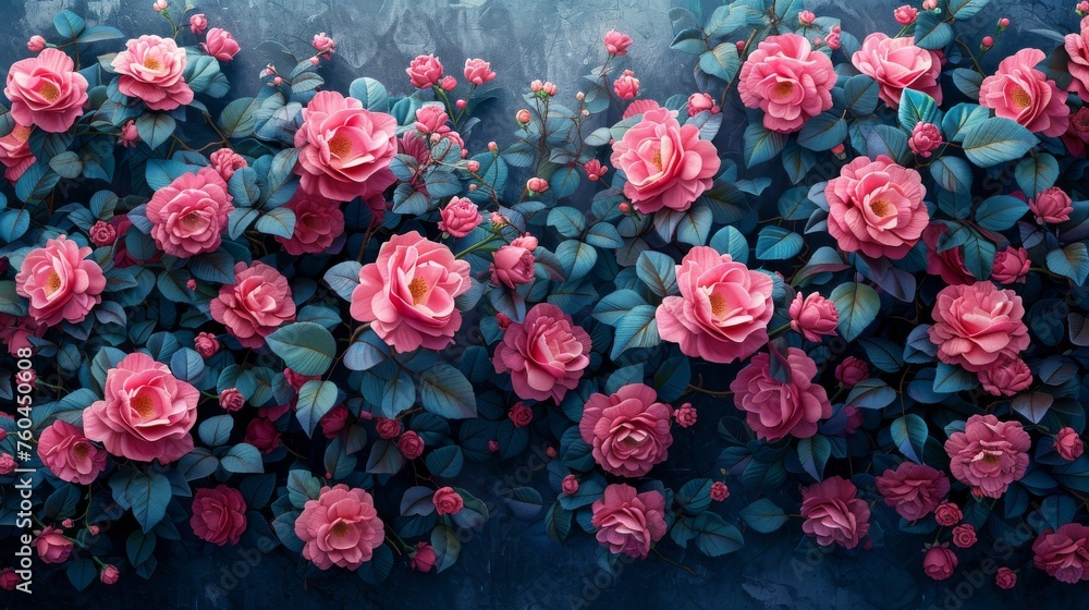 a painting of pink flowers and green leaves on a dark blue background with a blue sky in the back ground. a painting of pink flowers and green leaves on a dark blue background with a blue sky in the back ground.